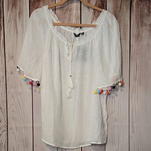 Mlle Gabrielle White Peasant Blouse with Multicolor Pom Poms Womens XL